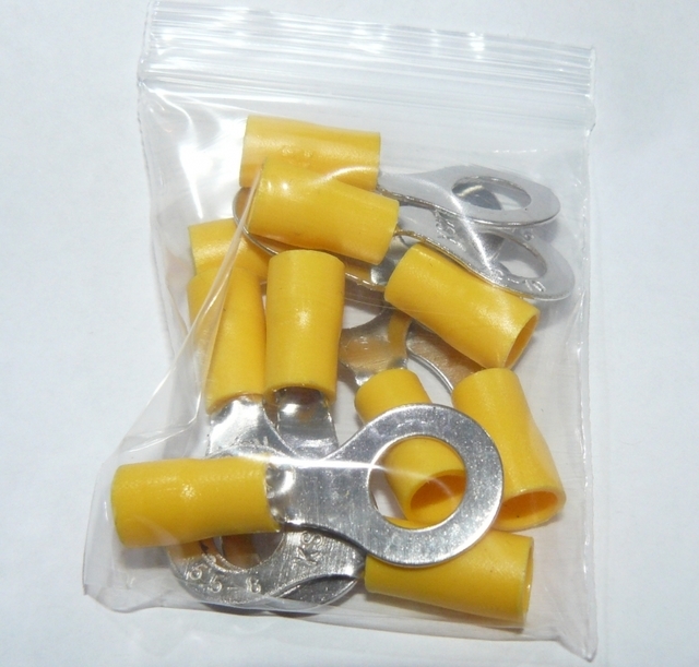 (10 of) Yellow Insulated Ring Terminal Crimp - Up To M8 (8mm) Screw/Bolt